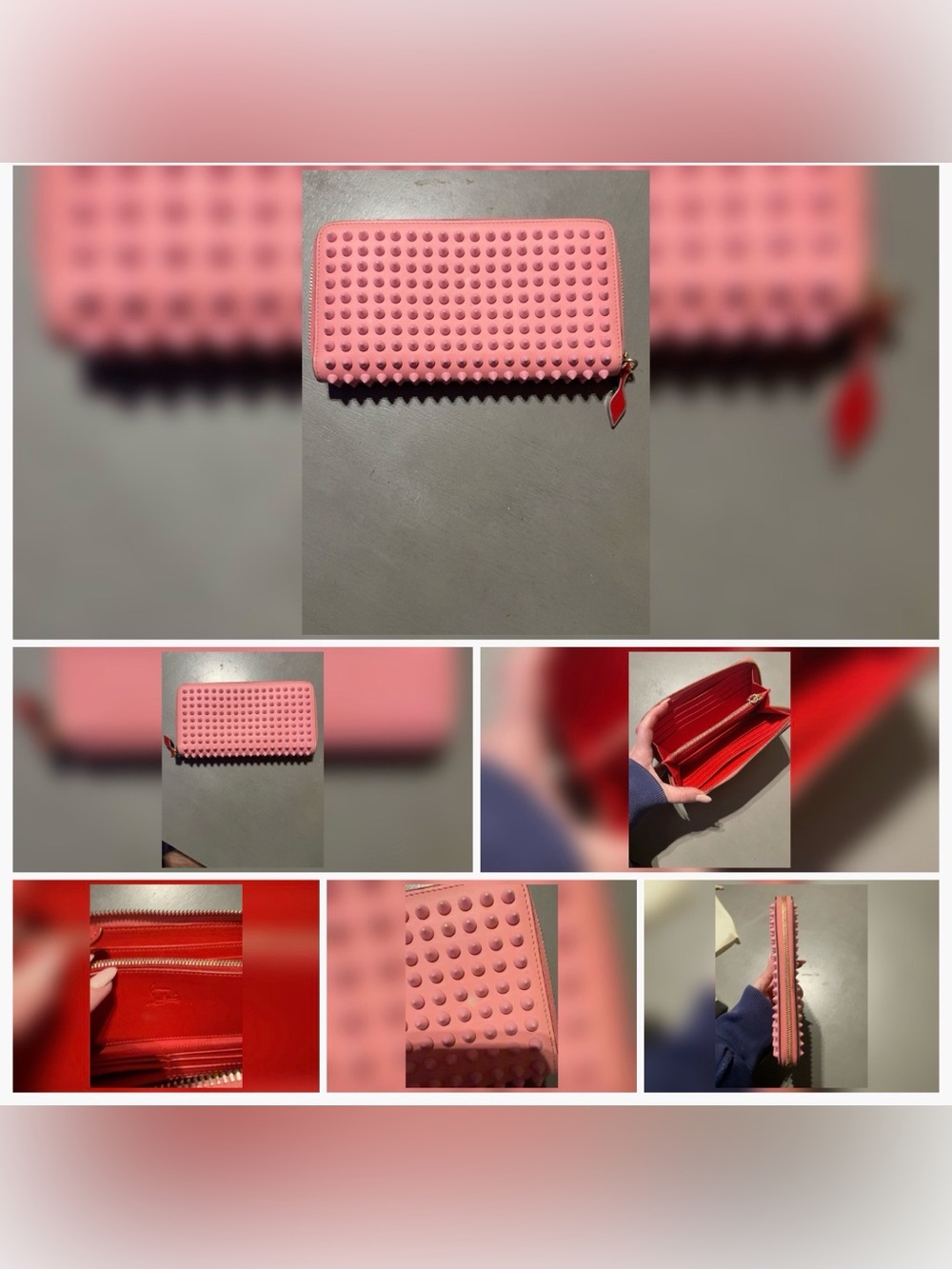 Christian Louboutin Panettone Pink Spike Zip Around Wallet Red Interior